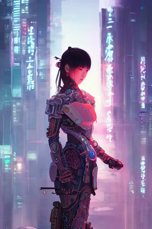 Image similar to portrait futuristic Samurai Girl, in future cyberpunk tokyo rooftop , ssci-fi, fantasy, intricate, very very beautiful, elegant, human anatomy, neon light, highly detailed, digital painting, artstation, concept art, smooth, sharp focus, illustration, art by tian zi and WLOP and alphonse mucha