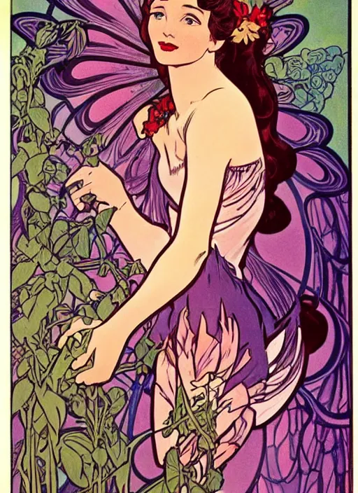 Image similar to a beautiful young woman. she is a flower fairy. well composed, clean elegant painting, beautiful detailed face. retro comic book art by steve ditko and jack kirby and ( alphonse mucha )