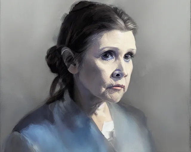 Image similar to portrait of leia young carrie fisher in shades of grey but with blue by jeremy mann