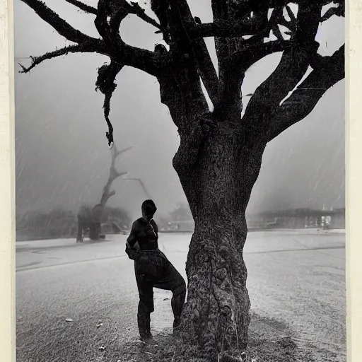 Image similar to The photograph shows a man caught in a storm, buffeted by wind and rain. He clings to a tree for support, but the tree is bent nearly double by the force of the storm. The man's clothing is soaked through and his hair is plastered to his head. His face is contorted with fear and effort. by John Hejduk desaturated, dynamic