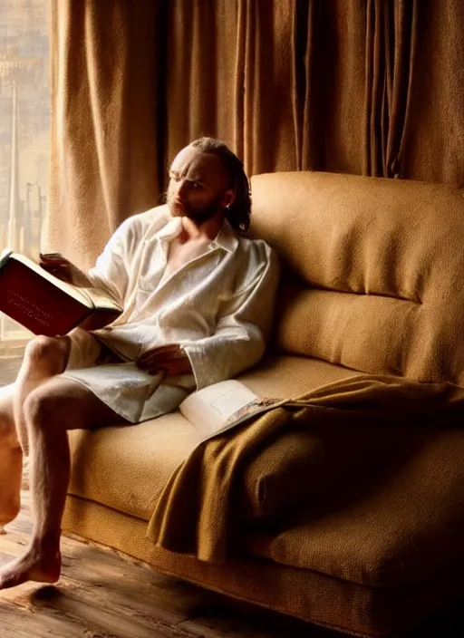 Image similar to A beautiful scene from a 2022 fantasy film featuring a humanoid polecat wearing loose white clothing reading an ancient tome on a couch. An anthropomorphic polecat. Golden hour.