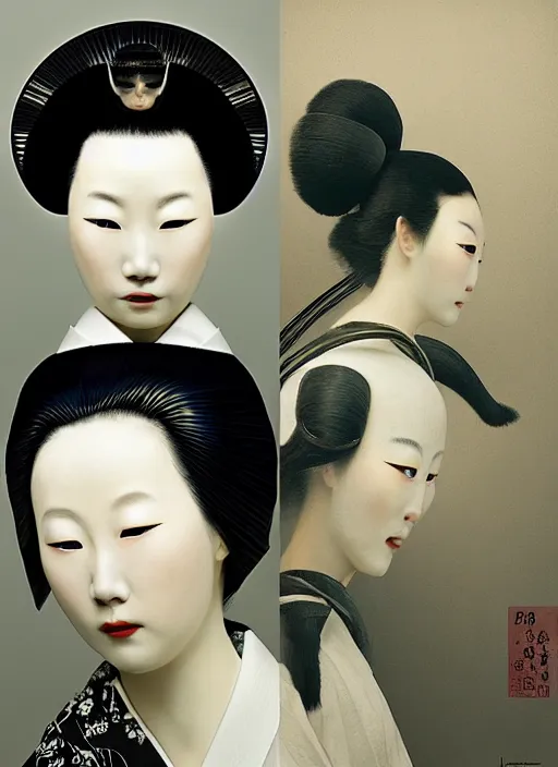 Image similar to portrait of a melancholic geisha, parallax, studio portrait against a black background, modern fine art, fractal, intricate, elegant, highly detailed, digital photography, subsurface scattering, by jheronimus bosch and yue minjun and greg rutkowski,