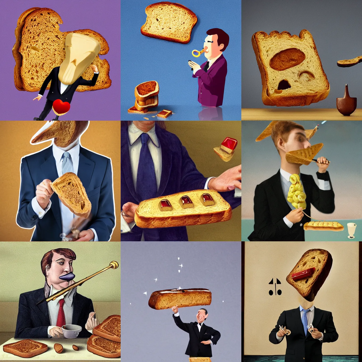 Prompt: piece of toast dressed as a wealthy banker playing the ocarina, whimsical surrealism