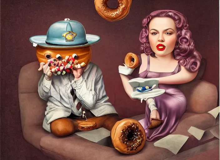 Image similar to a donut eating a police officer, lowbrow, matte painting, 3 - d highly detailed, in the style of mark ryden,