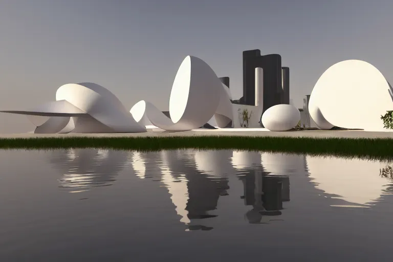 Prompt: 2 0 white round egg shaped buildings intersect and depend on each other to form a post - modern building, by pierre bernard, on the calm lake, people's perspective, future, interior wood, dusk, unreal engine highly rendered, global illumination, radial light, internal environment