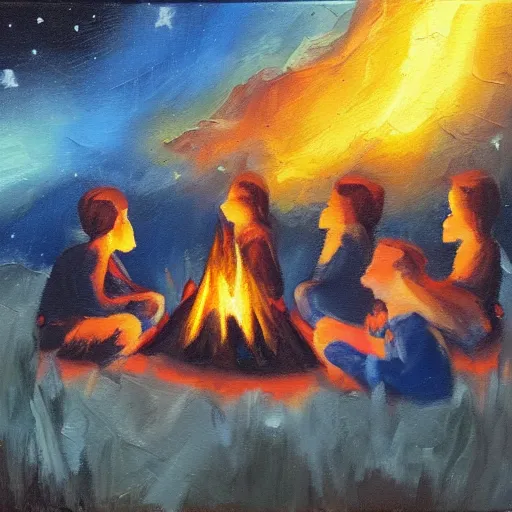 Prompt: angels in the sky looking down on earth at 6 people around a campfire at night, oil paint on canvas