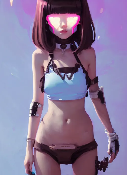 Image similar to portrait of cute maiden girl in cyber bikini armor, face by ilya kuvshinov, warhammer, cyberpunk, by atey ghailan, by greg rutkowski, by greg tocchini, by james gilleard, by joe fenton, by kaethe butcher, dynamic lighting, gradient light blue, brown, blonde cream and white color in scheme, grunge aesthetic