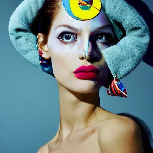 Prompt: a detailed studio closeup portrait of a fashion model. surreal photograph, lo - fi, polished look, silly and serious, hermes ad, fashion photography, toiletpaper magazine by pierpaolo ferrari and maurizio cattelan, 3 5 mm photograph, colourful, david lachapelle, canon eos c 3 0 0, f 4. 6, 8 k, medium - format print