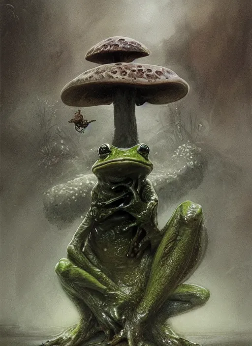 Prompt: a frog sitting on mushroom, full body shot, matte painting, unsettling, misty, by lovecraft and greg rutkowski, luis royo and wayne barlowe, artstation