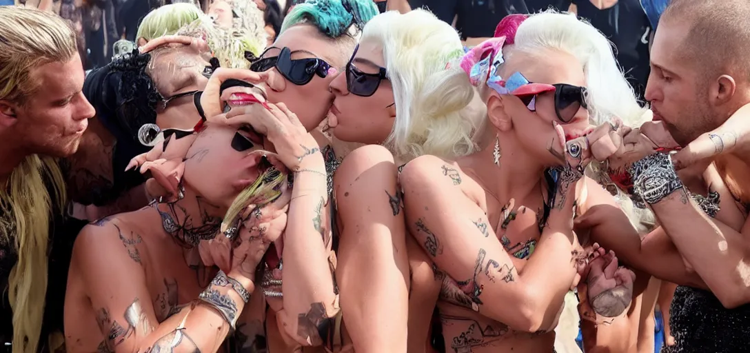 Prompt: tabaluga kissing lady gaga, in parookaville