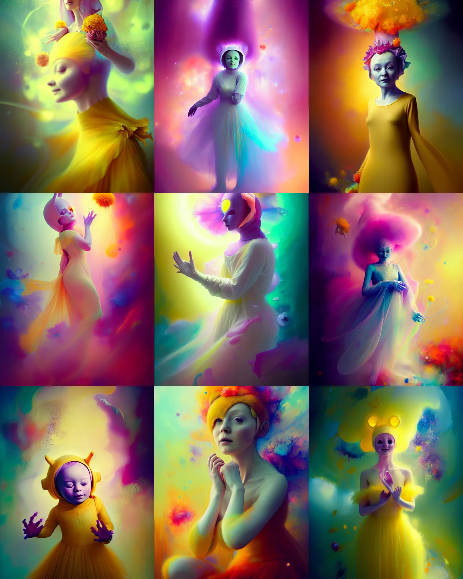 Prompt: Ethereal Teletubbie wearing beautiful dress, 4k digital masterpiece by Anna dittman and Ruan Jia and Alberto Seveso, fantasycore, Hyperdetailed, realistic oil on linen, soft lighting, marigold background, featured on Artstation