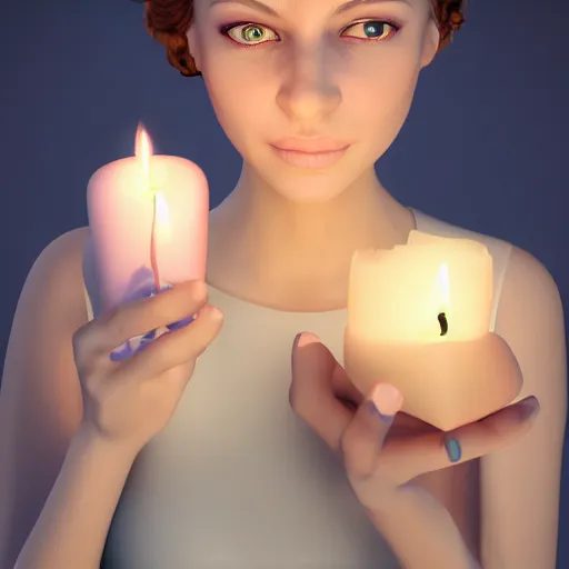 Image similar to portrait of a feminine young woman holding a lit candle, fragile, soft, vray, hyperdetailed, 3d character, game character