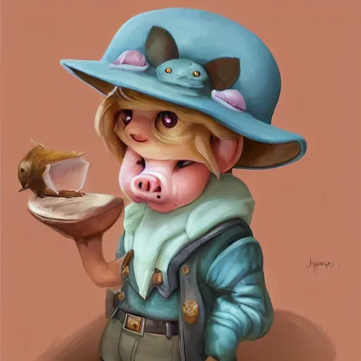 Image similar to cute little anthropomorphic funny female pig wearing shorts, a sunhat, boots and a pale blue shirt!! tiny!! fully clothed!!! small, short, cute and adorable, character art portrait, matte fantasy painting, deviantart artstation, by jason felix by steve argyle by tyler jacobson by peter mohrbacher, cinema