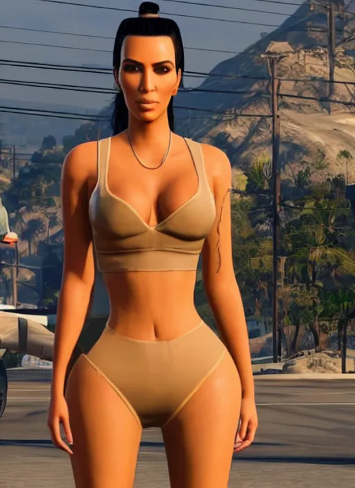 Image similar to game still of kim kardashian as a gta skin in gta 6.