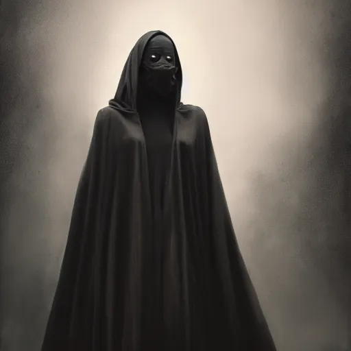 Image similar to a portrait of a young black woman wearing a long dark cloak, hood and shadows covering face, anatomically correct, beautiful perfect face, enigmatic, oil painting, matte painting, black background, Volumetric dynamic lighting, Highly Detailed, Cinematic Lighting, Unreal Engine, 8k, HD, by Beksinski