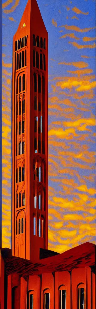 Image similar to a painting of Coughlin Campanile, golden hour, an art deco painting by Grant Wood, featured on behance, american scene painting, movie poster, poster art, concert poster