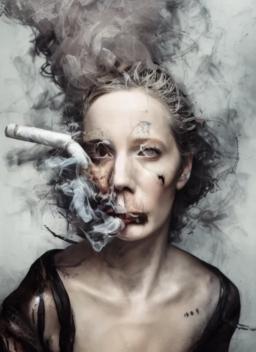 Prompt: expressive potrait photo of sad tired woman smoking, glamour shot, by jenny saville, by stefan gesell, photorealistic, canon r 3, fashion photography, hyper maximalist, elegant, ornate, luxury, elite, environmental portrait, symmetrical features, octane render, unreal engine, solid dark grey background, dramatic lights