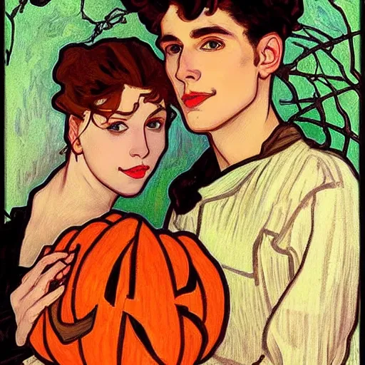 Image similar to painting of handsome young delicate beautiful jeffrey in his 2 0 s with brown hair and gorgeous rina together at the jack o'lantern halloween party holding pumpkins, elegant, clear, painting, stylized, art, art by alphonse mucha, vincent van gogh, egon schiele,