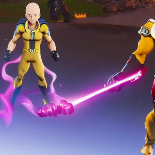 Image similar to one punch man in fortnite, character render, full body shot, highly detailed, in game render