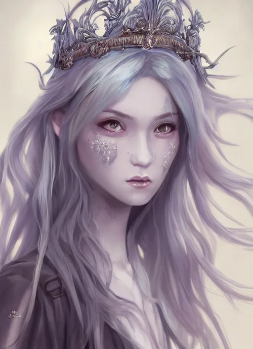 Prompt: nymph of the moon, oriental beautiful face, wearing hair crown, silver hair, youthful attractive, clear symmetrical face portrait, muted colors, artstation, cgsociety, character concept art, highly detailed