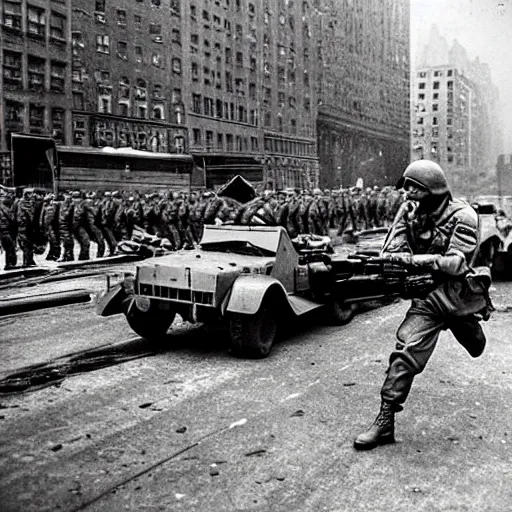 Image similar to Epic shootout between Soviet and American troops on the streets of New York, powerful explosions, retro futuristic style, super detail of each object,