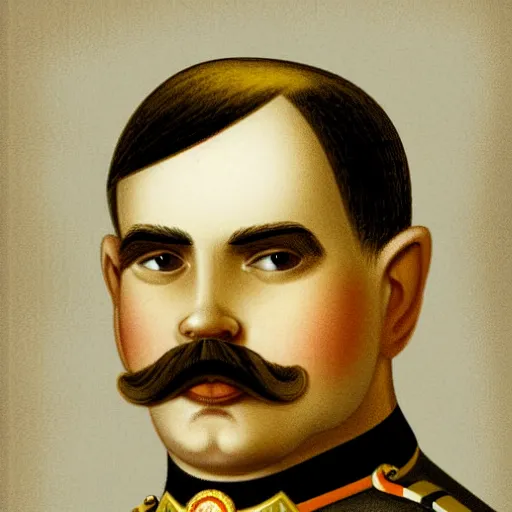 Prompt: an angry army general, thick mustache, orange pear-shaped head with a bright yellow aureola, high-quality digital art, realistic