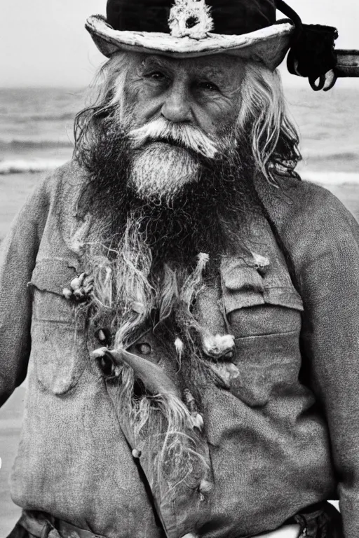 Prompt: a cinestill photograph of a grizzled old sea captain, cinestill film