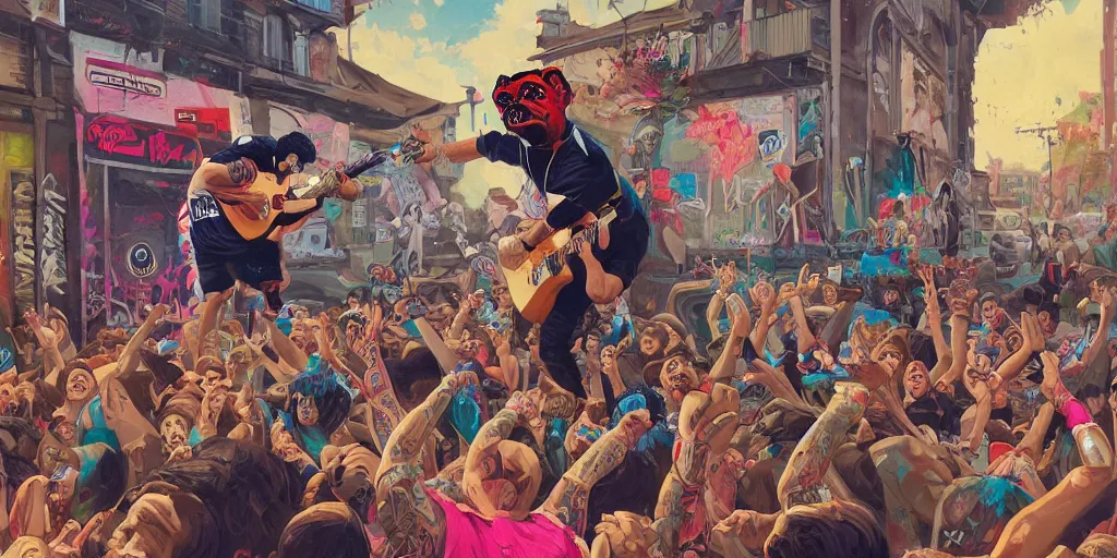 Prompt: beautiful painting of pop punk french buldogs playing punk rock show, by Tristan Eaton, James Gurney, greg rutkowski. trending on Artstation, 8k, masterpiece, graffiti paint, fine detail, full of color, intricate detail, golden ratio illustration, corgi