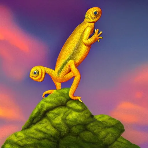 Prompt: golden chameleon hanging on a cliff by its tail, trying to catch rain drops, epic sunset skies in the background, very detailed digital art