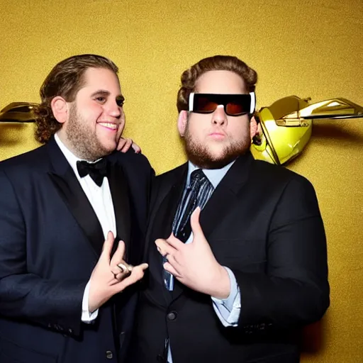 Image similar to Jonah Hill X Daft Punk. They are at the Hilton Garden Inn lobby. Hotel lobby. Weird robotman daft punk. Man with helmet. Jonah hill famous actor. Meeting. Hilton. 4k photography