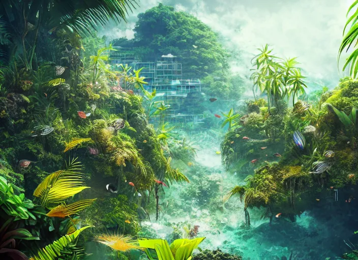 Prompt: overgrown tropical foliage overtaking japanese favela, underwater environment, borealis, scenery, professional, award - winning, trending on artstation, hyper detailed, realistic, beautiful, emotional, shiny, golden, picture