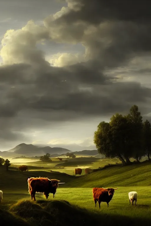 Prompt: peaceful farmland and highland cattle, in the style of tim smith, solarpunk, atmospheric, clean, intricate and epic composition, gray by caravaggio, insanely quality, highly detailed, masterpiece, white light, artstation, 4 k