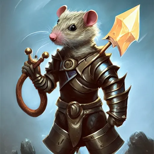 Image similar to cute little anthropomorphic Rat wearing Knight armor, ultra wide lens shot , tiny, small, short, cute and adorable, pretty, beautiful, DnD character art portrait, matte fantasy painting, DeviantArt Artstation, by Jason Felix by Steve Argyle by Tyler Jacobson by Peter Mohrbacher, cinematic lighting