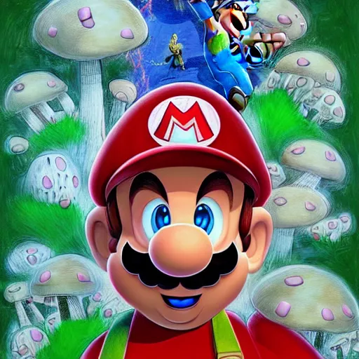 Image similar to a realistic portrait of super mario surrounded by mushrooms by android jones