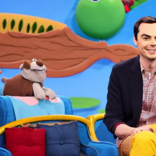 Image similar to jim parsons pretending to be mr. fred rodgers on pbs