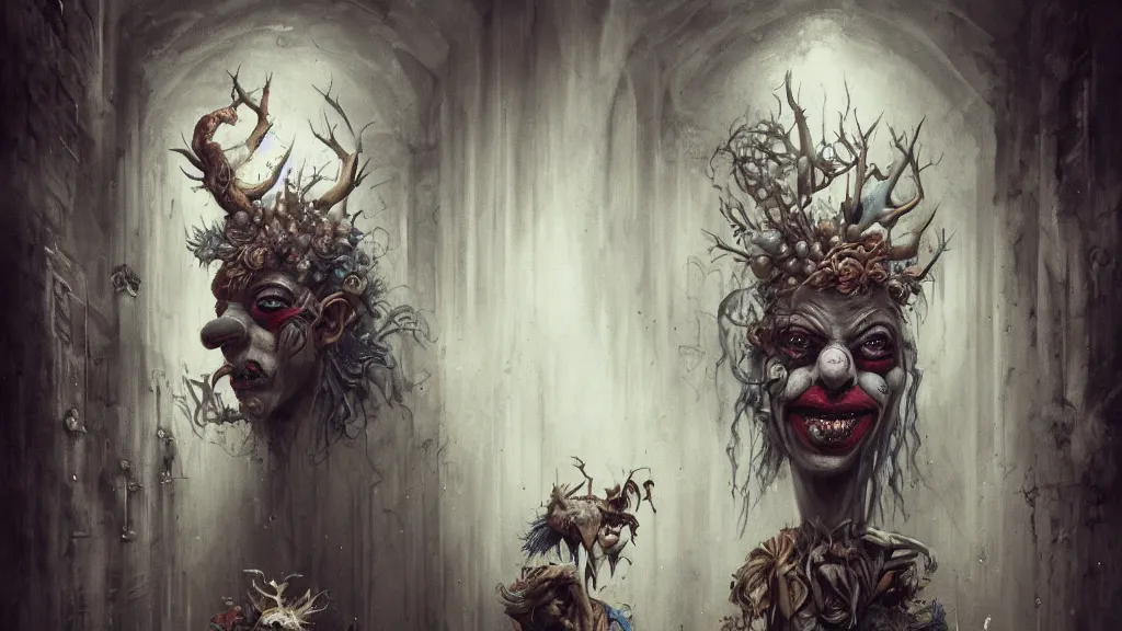 Image similar to clown portraits in cloistered alleyway dreaming of a circus wearing fedoras, in the style of peter mohrbacher by weta digital and beth cavener, high face symmetry, intricate, masterpiece, award winning, high face symmetry, intricate