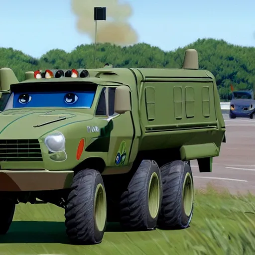 Prompt: HIMARS in Cars Pixar movie, detailed, green