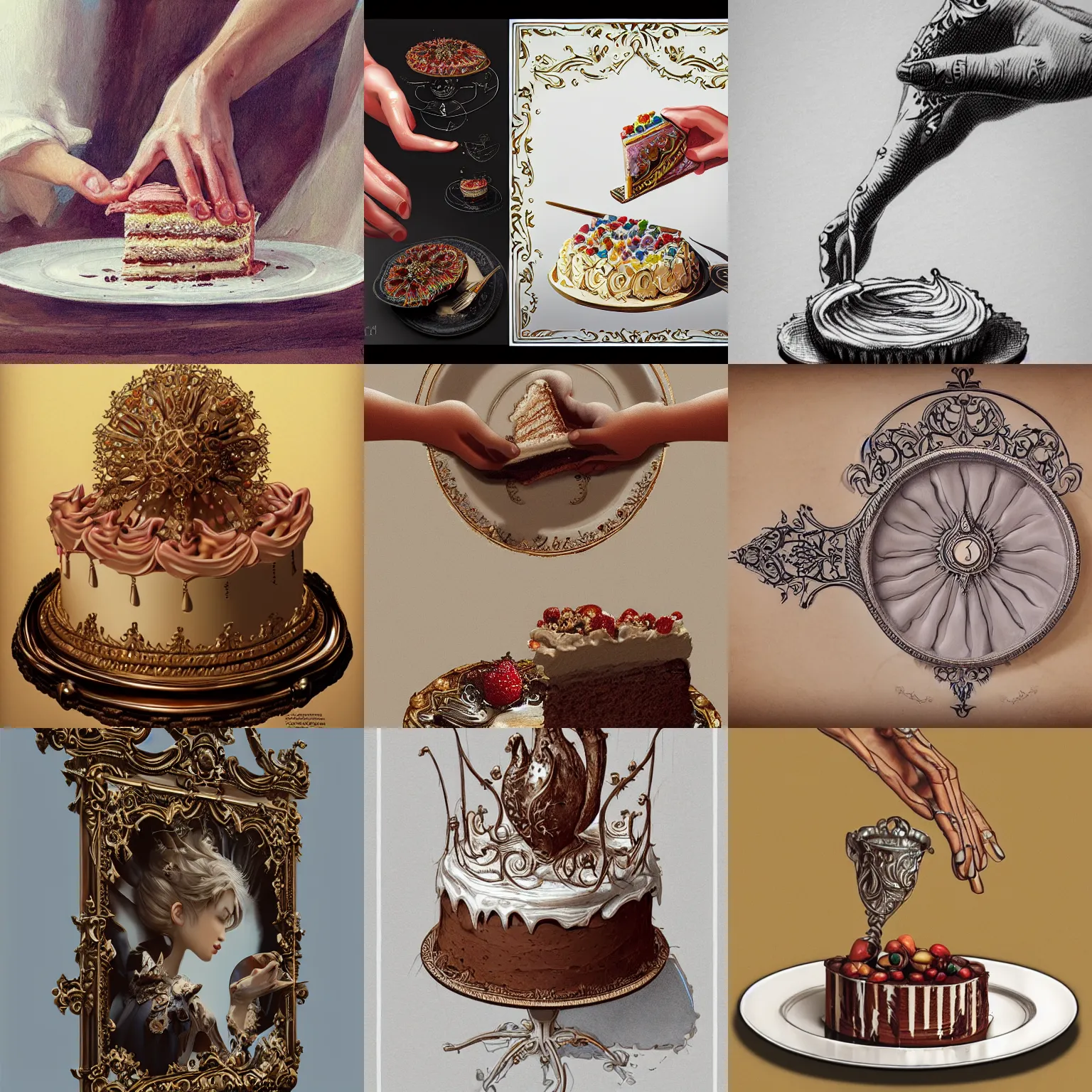 Prompt: an elegant hand reaches for a piece of cake, ornate, detailed, artstation, realistic