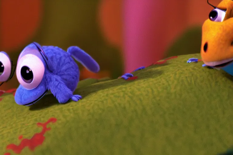 Image similar to disney pixar's a bug's life, cgi caterpillar colorful, furry caterpillar