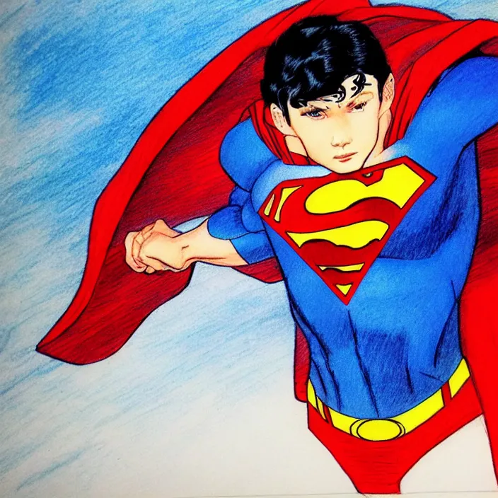 Prompt: epic beautiful color ink pencil realistic majestic drawing of young superman cute hd cinematic portrait by alex ross and frank miller trending on flickr