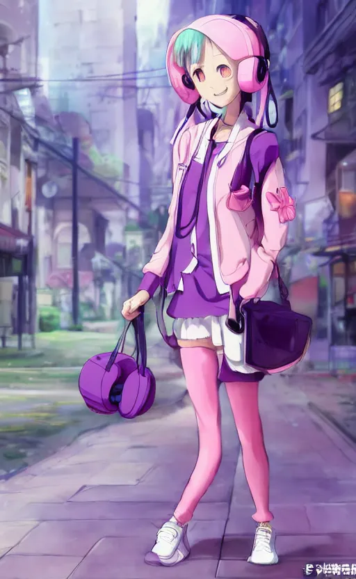 Image similar to anime girl with pink ponytail, wearing purple headphones, wearing a green sweater, with a smile on her face and her eyes closed, walking down a street, dynamic lighting, photorealistic fantasy concept art, trending on art station, very detailed, anime concept art, stunning visuals, creative, cinematic, ultra detailed