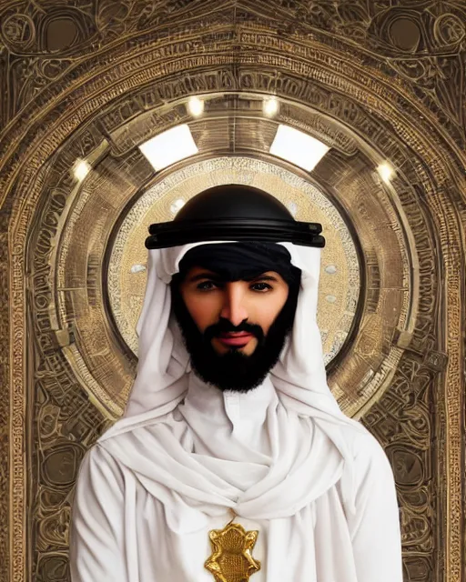 Prompt: centered portrait photo by bouguereau of blissful man as a solarpunk mecha humanoid robotic parts wearing arabic clothes with bright lights, real human face, serpentine pose, inside white room, ultra - realistic and detailed, 8 k