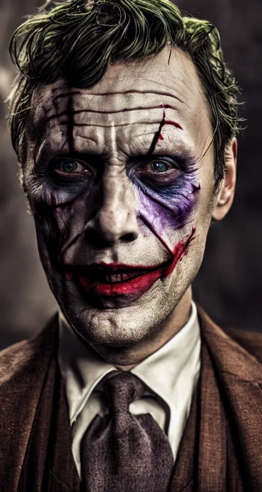 Image similar to mads mikkelsen as the joker, portrait, photograph, poster, focus