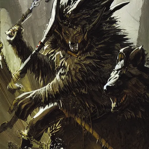 Image similar to king of the wolves. human king. Dungeon scene. By Travis Charest, James Gurney, and Ashley Wood. dramatic lighting. Magic the gathering. digital painting.