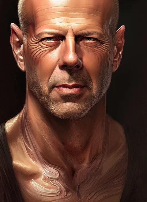 Image similar to Portrait of Bruce Willis, D&D, muscular, fantasy, intricate, elegant, highly detailed, digital painting, artstation, concept art, smooth, sharp focus, illustration, art by artgerm and greg rutkowski and alphonse mucha