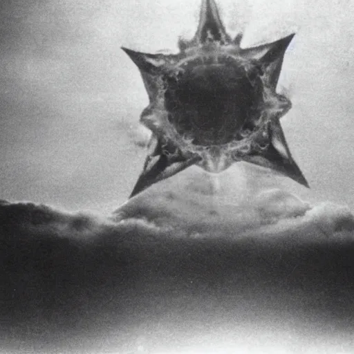 Image similar to Kaiju Starro, fog, Ishirō Honda, vintage movie shot, Orson Welles, fog, night, missile explosions