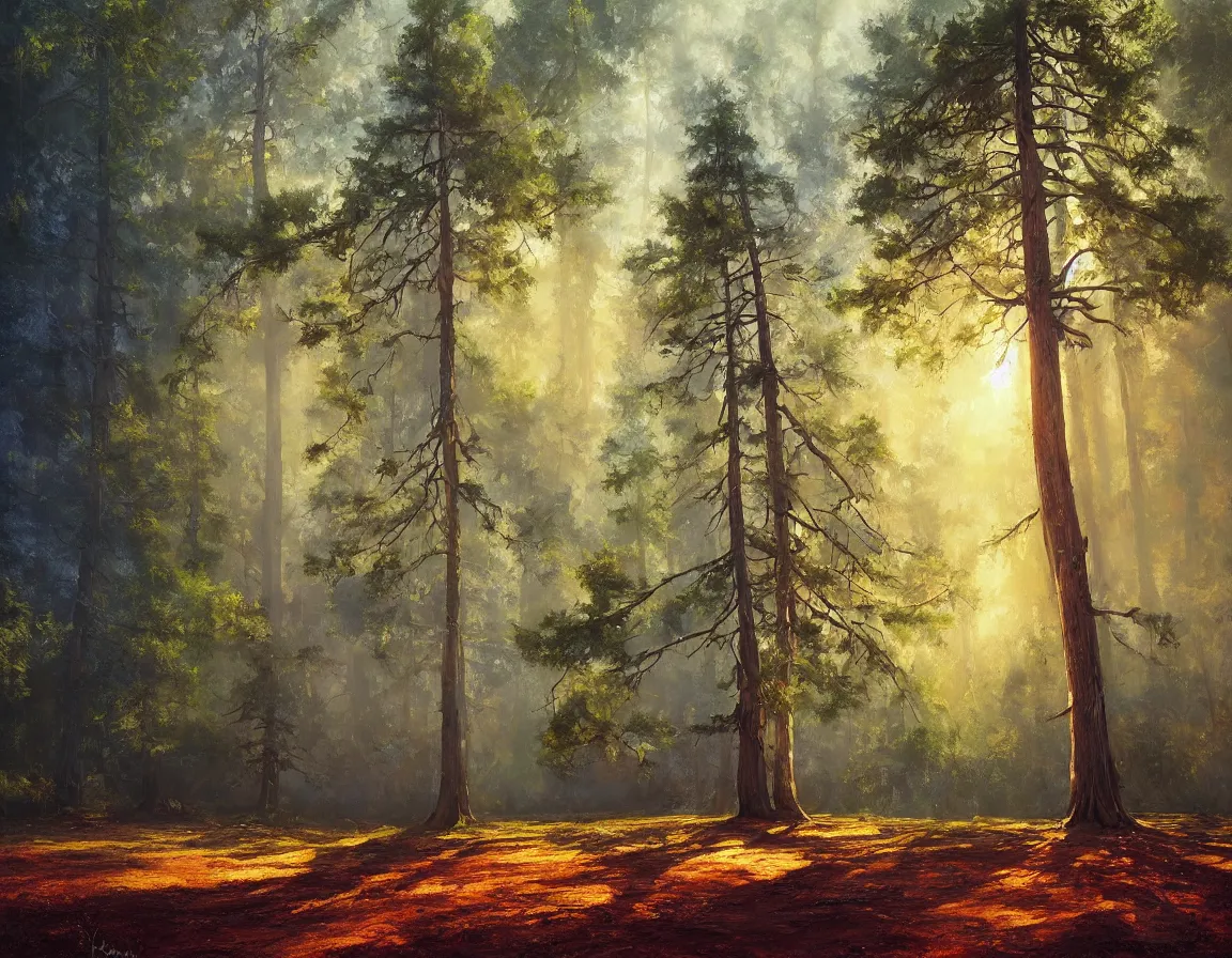 Image similar to hyper realistic oil painting of sequoya tree, hd, hdr, by moebius and john howe and albert bierstadt and alena aenami, ultra detailed, high resolution