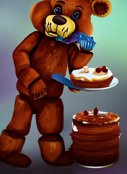 Image similar to Freddy Fazbear eating cakes, detailed digital art, trending on Artstation