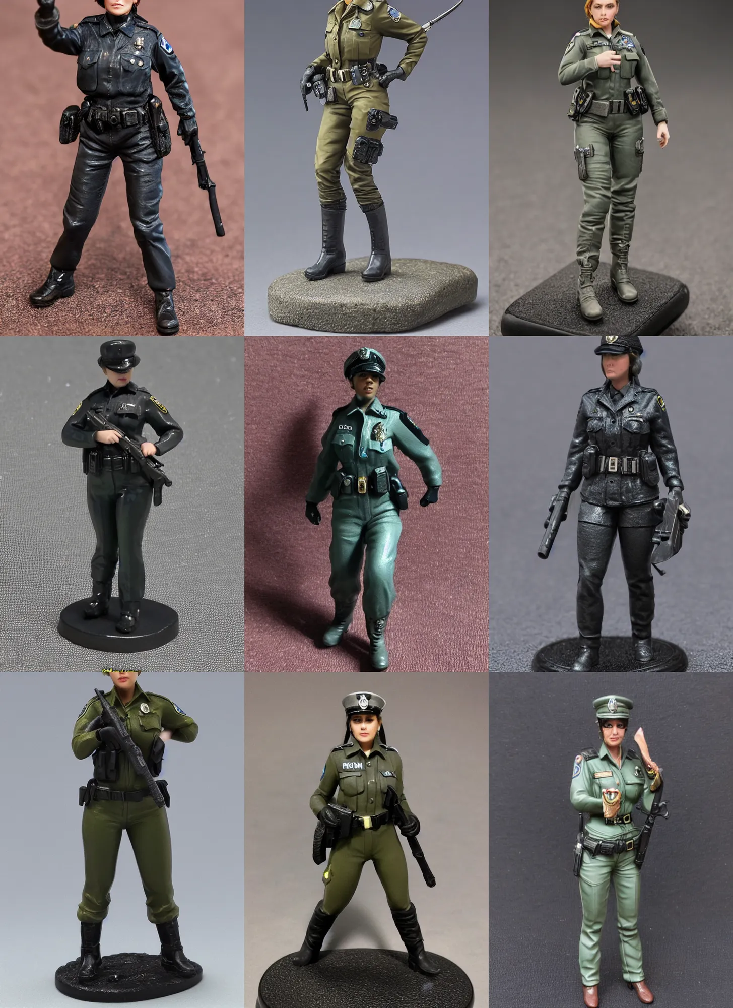 Prompt: 80mm resin detailed miniature of a female cop, full body, head, boots, Logo, textured base; Product Introduction Photos, 4K, view from front