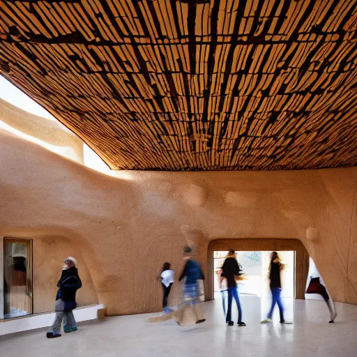 Prompt: indoor photo of a complex cultural building made of totemic rammed earth, people walking